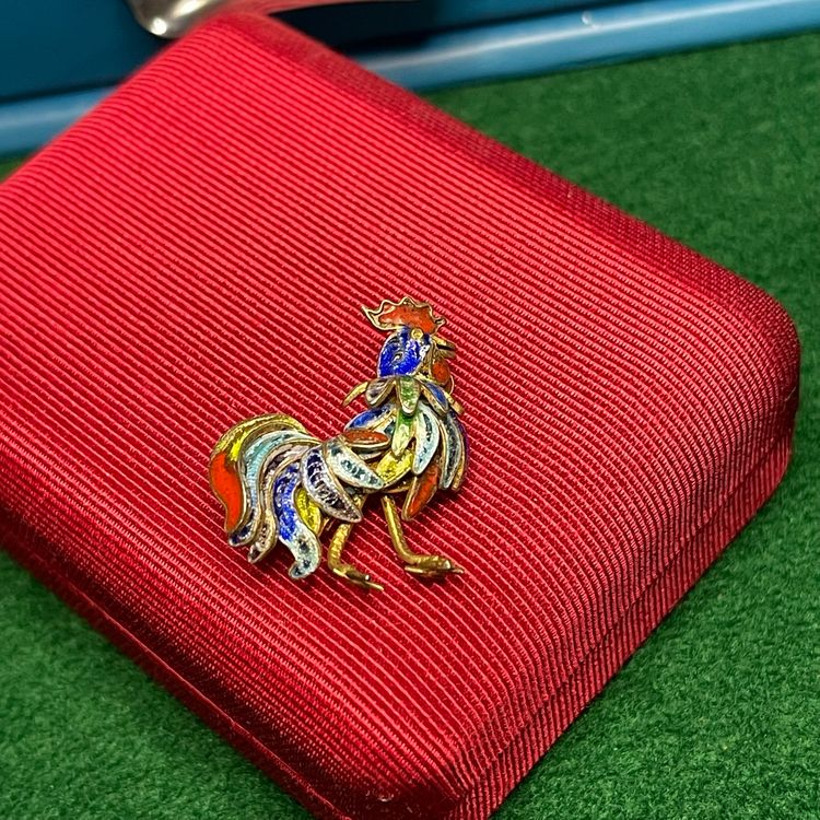 Enemeled 800 Silver Filigree Rooster Cockerel Brooch Pin Gold Wash Rainbow Red Blue Green Yellow