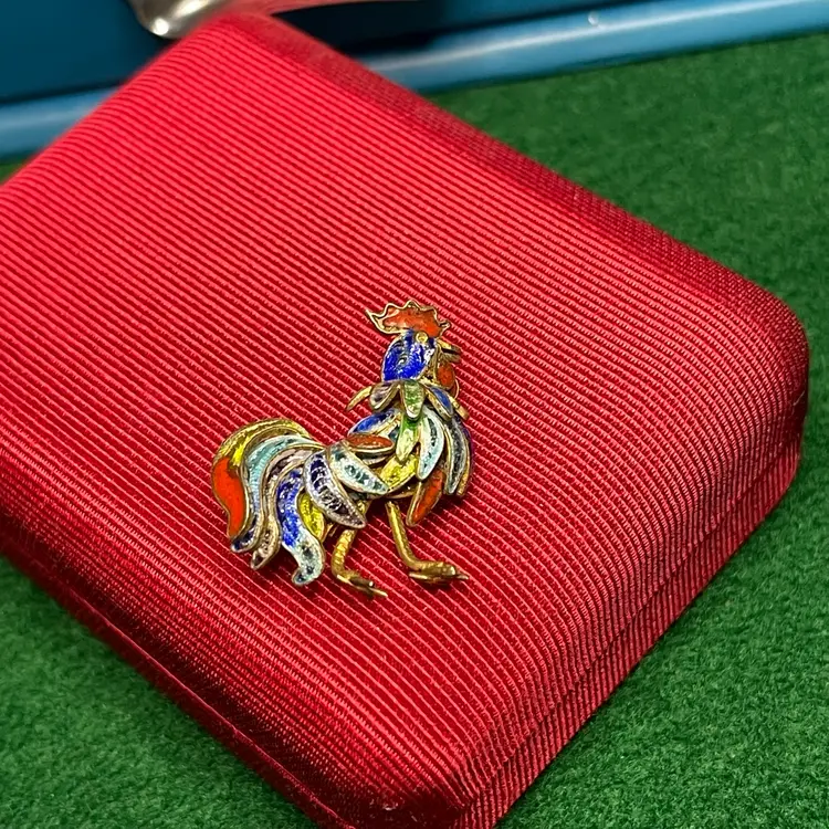 Enemeled 800 Silver Filigree Rooster Cockerel Brooch Pin Gold Wash Rainbow Red Blue Green Yellow