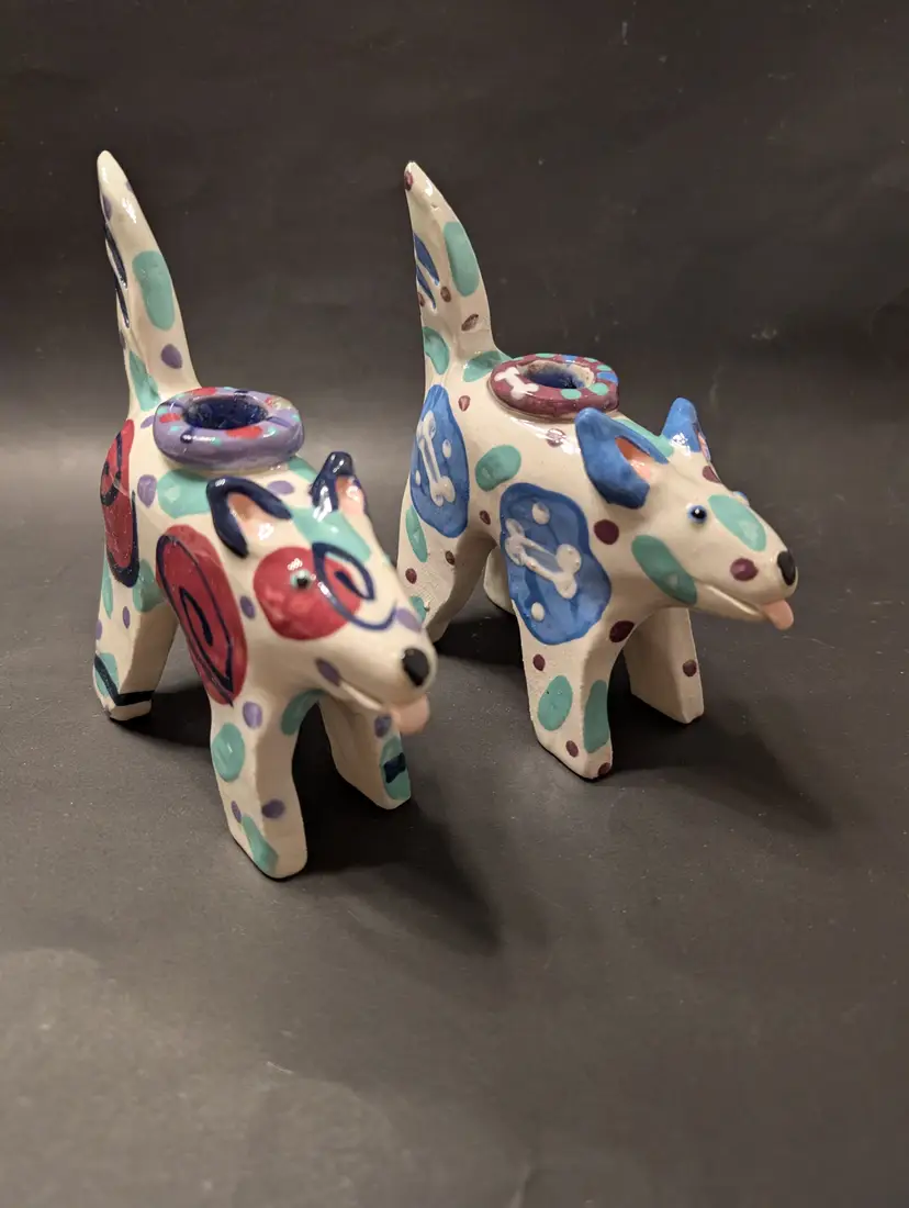 Whimsical Folk Art hand made pottery dog candlestick pair