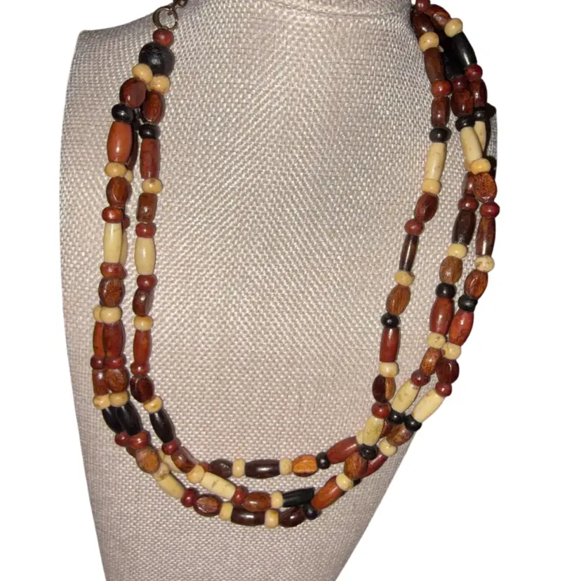 Wood And Stone 3 Tiered Necklace 9” With Extension