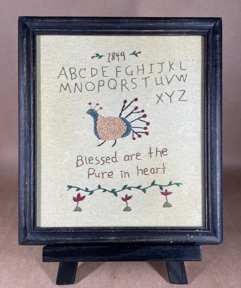 Primitive Folk Art Framed Blessed Are The Pure In Heart Sampler Crewel Work Embroidery Wall Decor