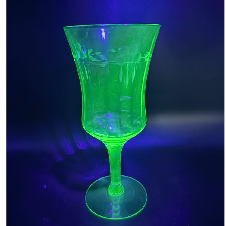 Vintage Uranium Floral Etched Glass Goblet
