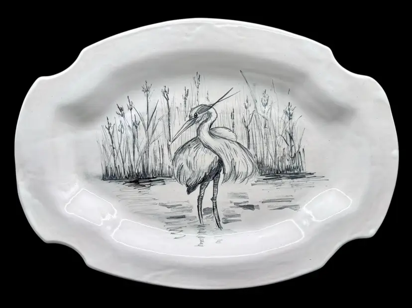 Signed CW Art Pottery Great Blue Heron Bird Plate Platter Tray White Black 13.5”
