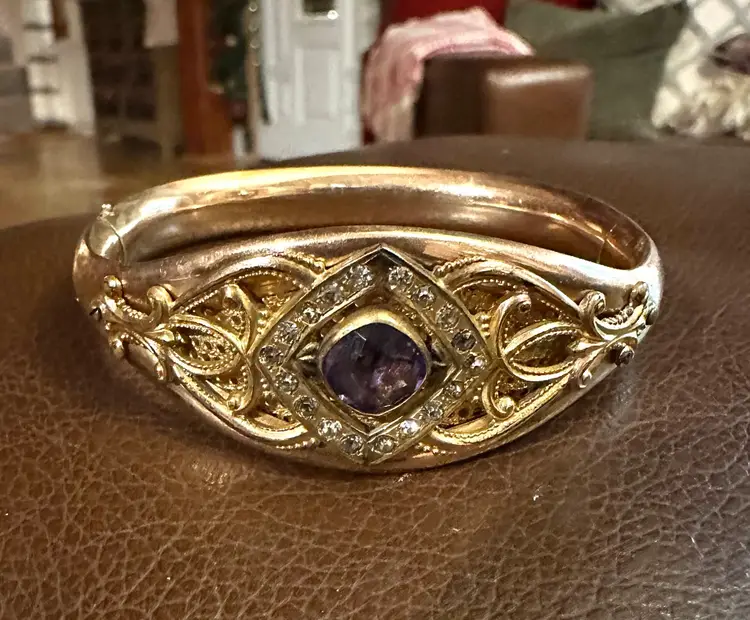 Antique Gold Filled Hinged Bangle Bracelet w/ Purple Stone