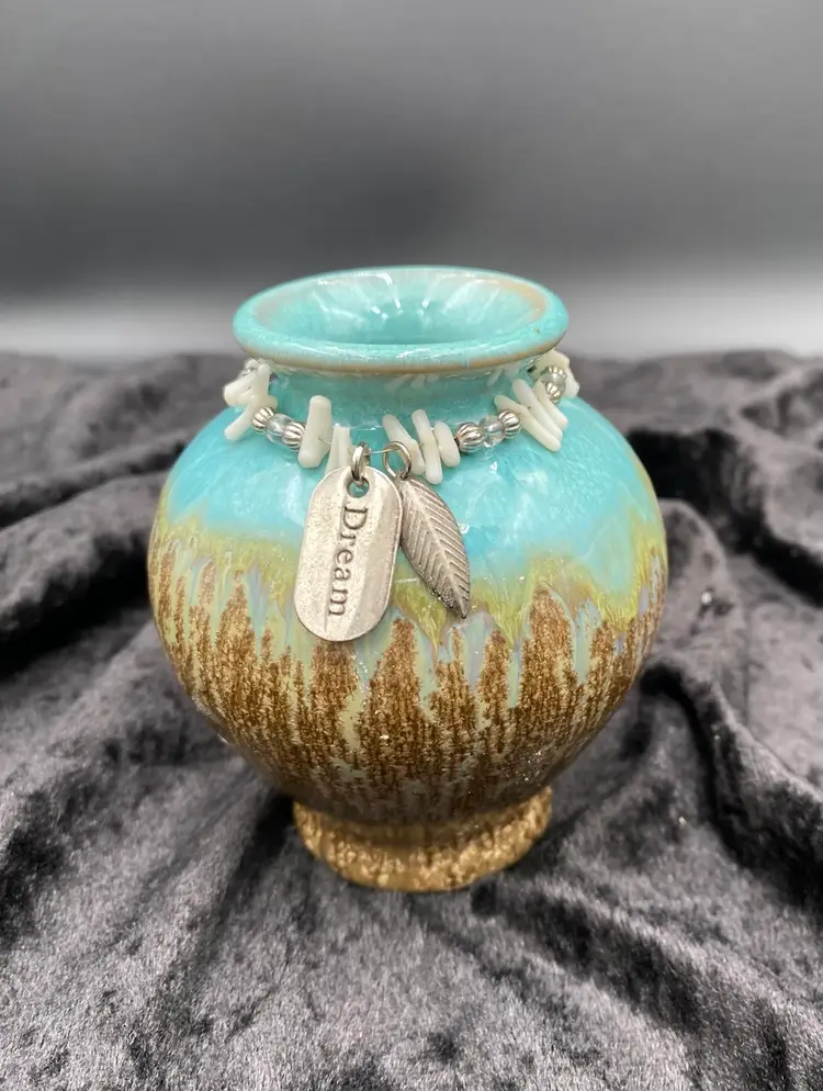 Crystalline Glaze Pottery Mini-Vase, Charms Collar, "Dream", Aqua, Gold, Bronze