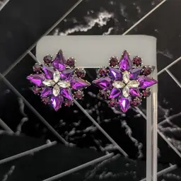 Vintage Stud Earrings 1.25" Purple & Clear Gems Regal Large Statement