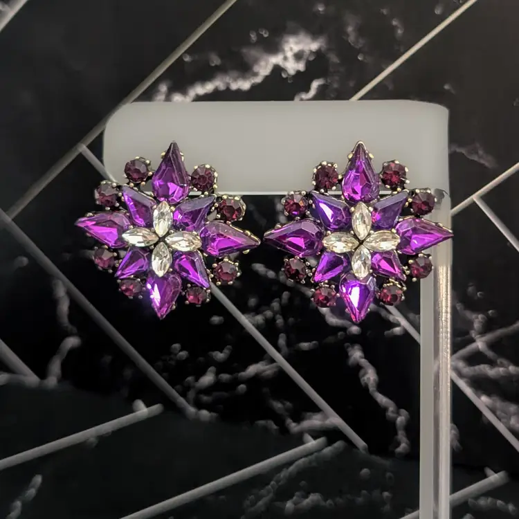 Vintage Stud Earrings 1.25" Purple & Clear Gems Regal Large Statement