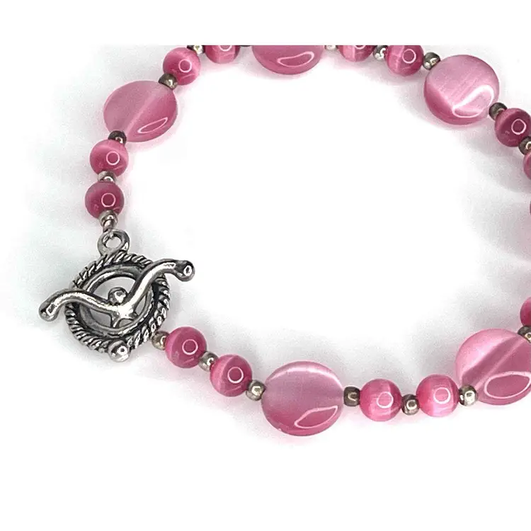 VTG Light Pink Tigers Eye BEADED BRACELET 9" Glass & Silver Beads Toggle Clasp