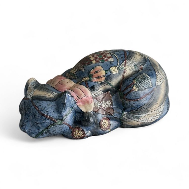 Vintage Blue Kutani Ceramic Sleeping Cat Figurine