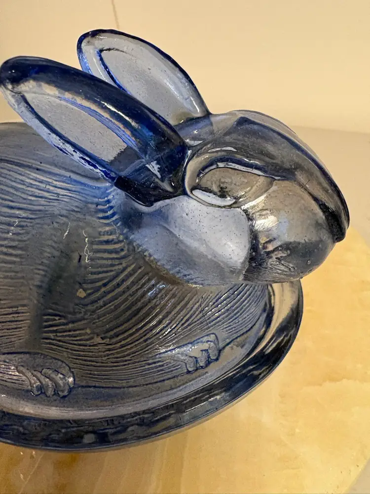 Blue Glass Rabbit Bunny Trinket Box / Candy Dish