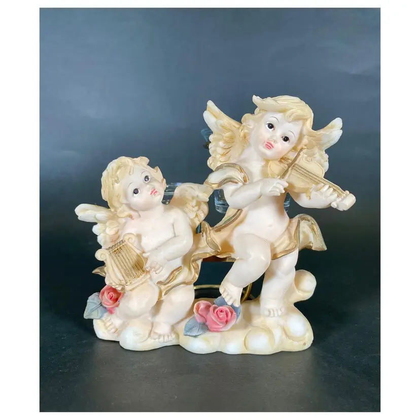 *VTG* Candle Holder Figurine 2 Cherub Angels Playing Violin & Harp