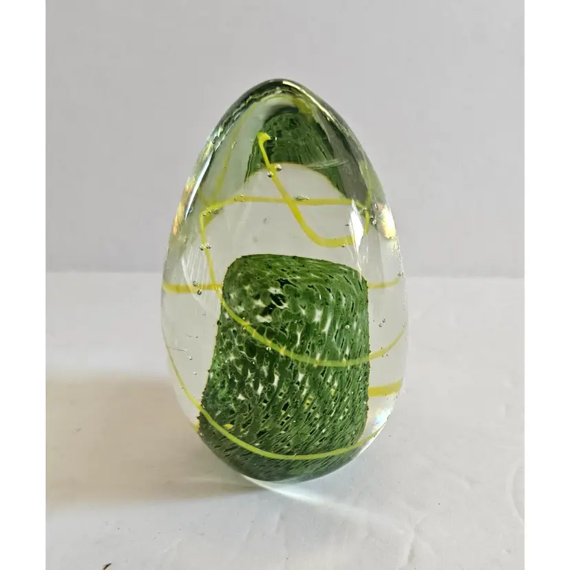 #01 - Egg Shaped 3" Paperweight, Clear with Green Mesh/Lattice Cylinder and Yellow Swirl Design