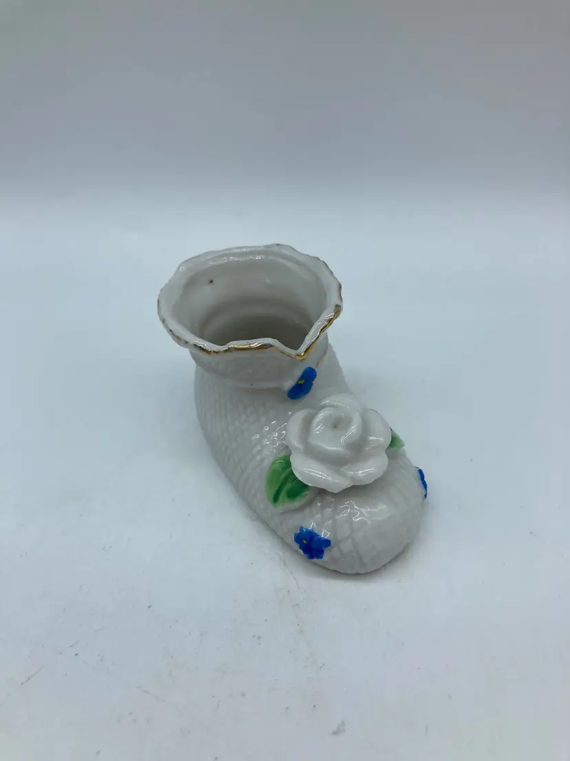 Toothpick Holder Vintage Porcelain Tiny Shoe With Floral Design & Gold Trim