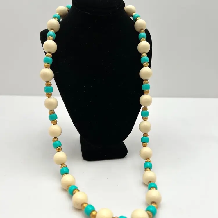 Aqua Blue, Gold, And White Long Beaded Vintage Necklace