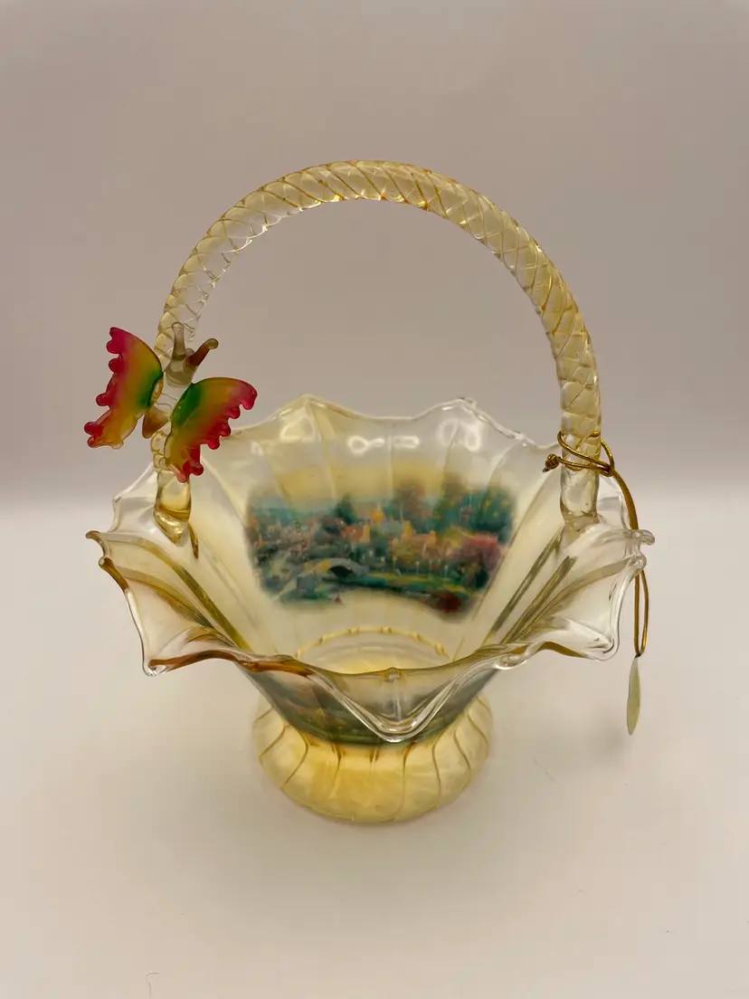 Thomas Kinkade, “Lamplight Village”, Gold Glass Basket with Applied Butterfly, Label, Dated 2011