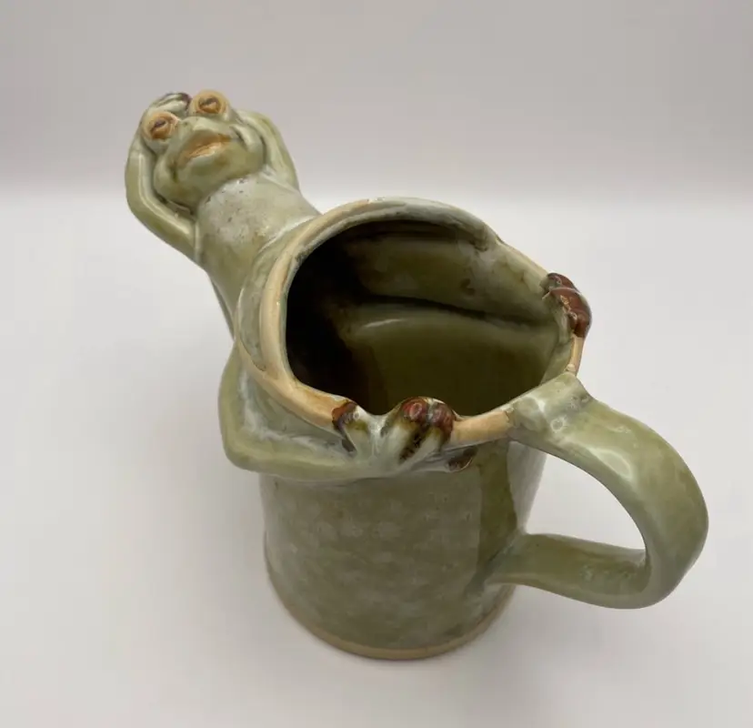 Whimsical, Ceramic, Frog, Watering Can, Green Glazed, Pottery, 5.5” Tall