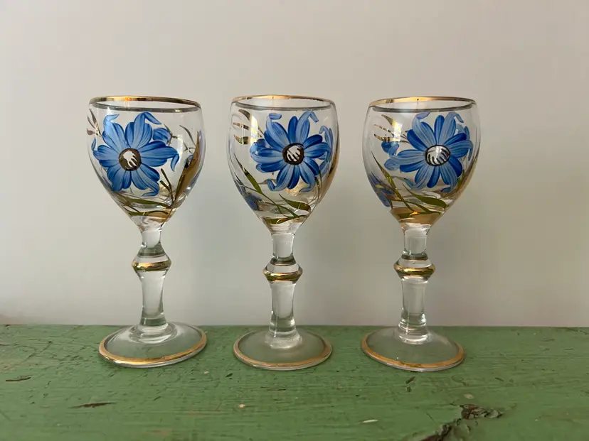 Vintage Hand Painted Cordial Shot Glasses. Hungarian Made in Hungary. Blue Flowers with Gold. Handblown Art Glass
