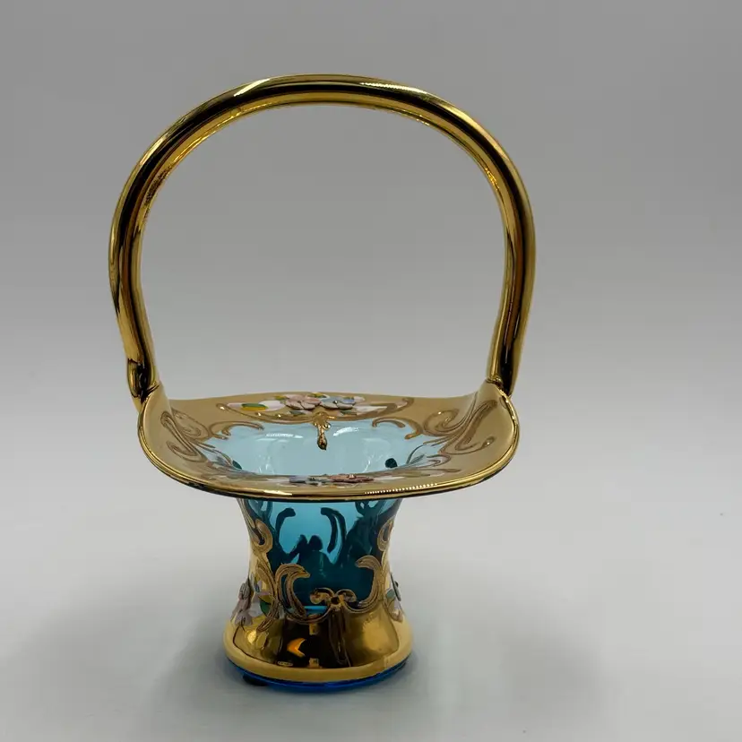 Vintage Bohemian Czech Blue Glass Basket Hand Painted Raised Enamel Flowers Gold