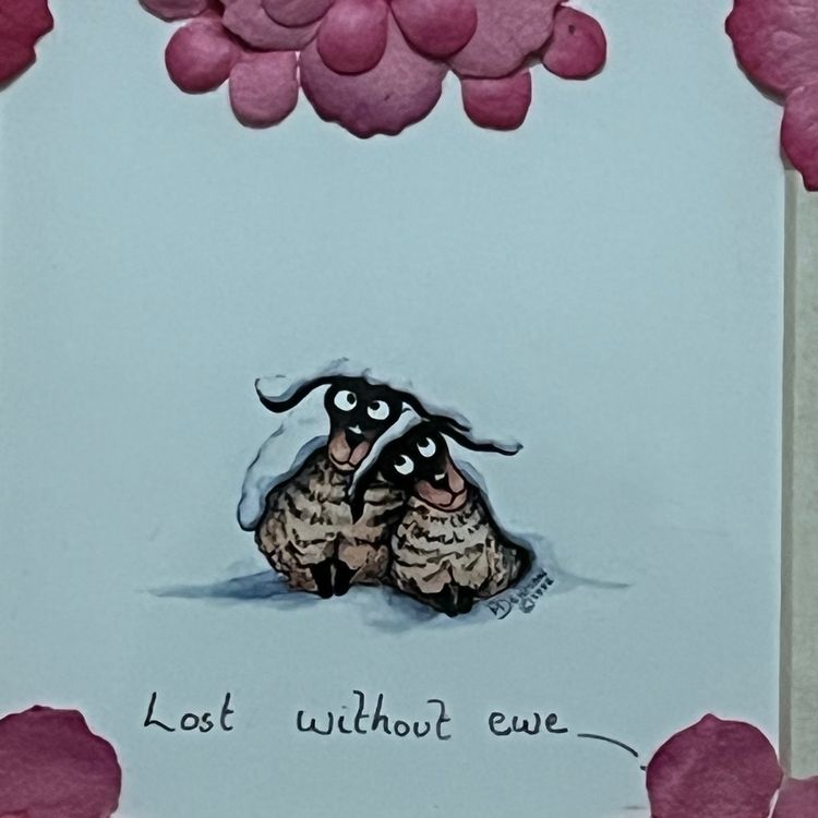 Lost Without Ewe -Upcycled Wood Frame Sketched Picture of Two Lambs 7.5" x 7.5"