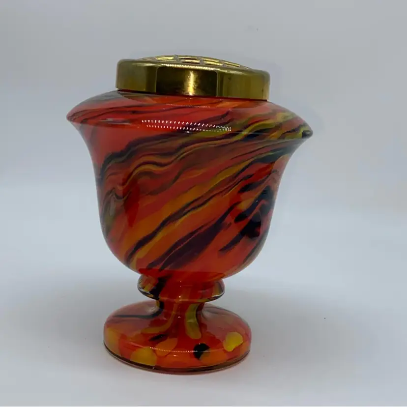 #1214 Franz Welz Art Deco spatter glass vase with brass flower frog lid.