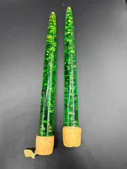 Pair Of Green Lucite Candles With Copper Flecks 8”