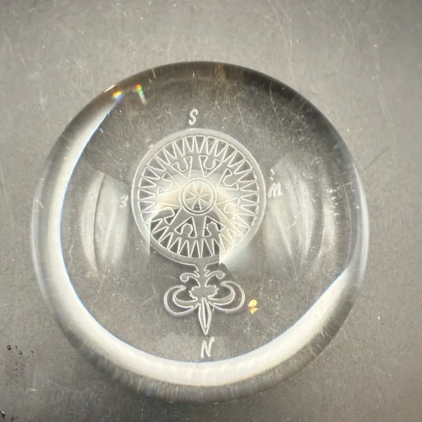 Glass Paperweight With Etched Compass Design