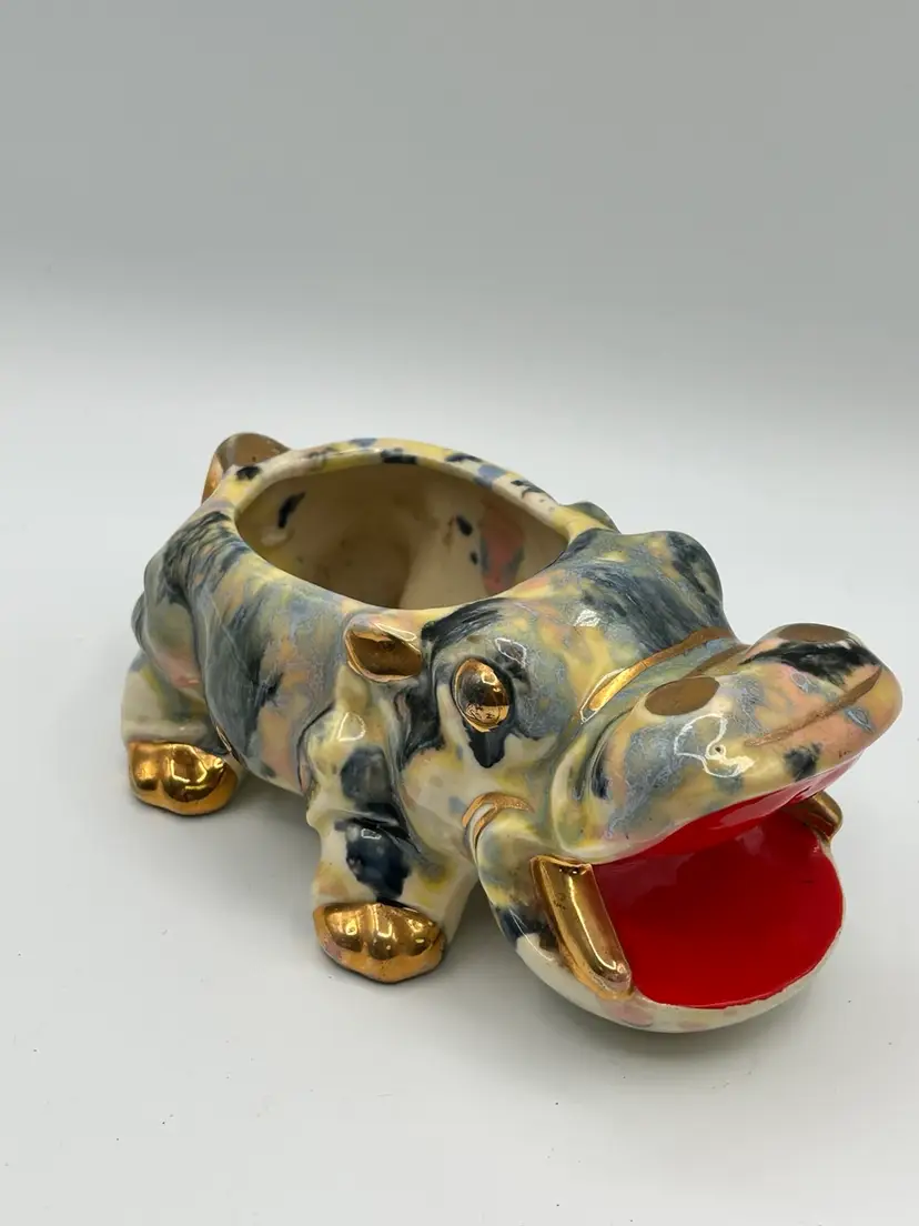 Vintage 70s House Hippo planter With Red Open Mouth Multi Color With gold accents