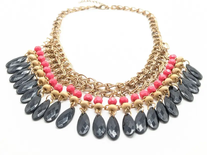 Bold Statement Necklace with Black and Coral Accents Copper Tone Chain