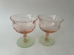 Tiffin Watermelon Glassware. (2) Etched Depression Uranium Glass Pink & Green Sherbet Cocktail Glasses. Glows
