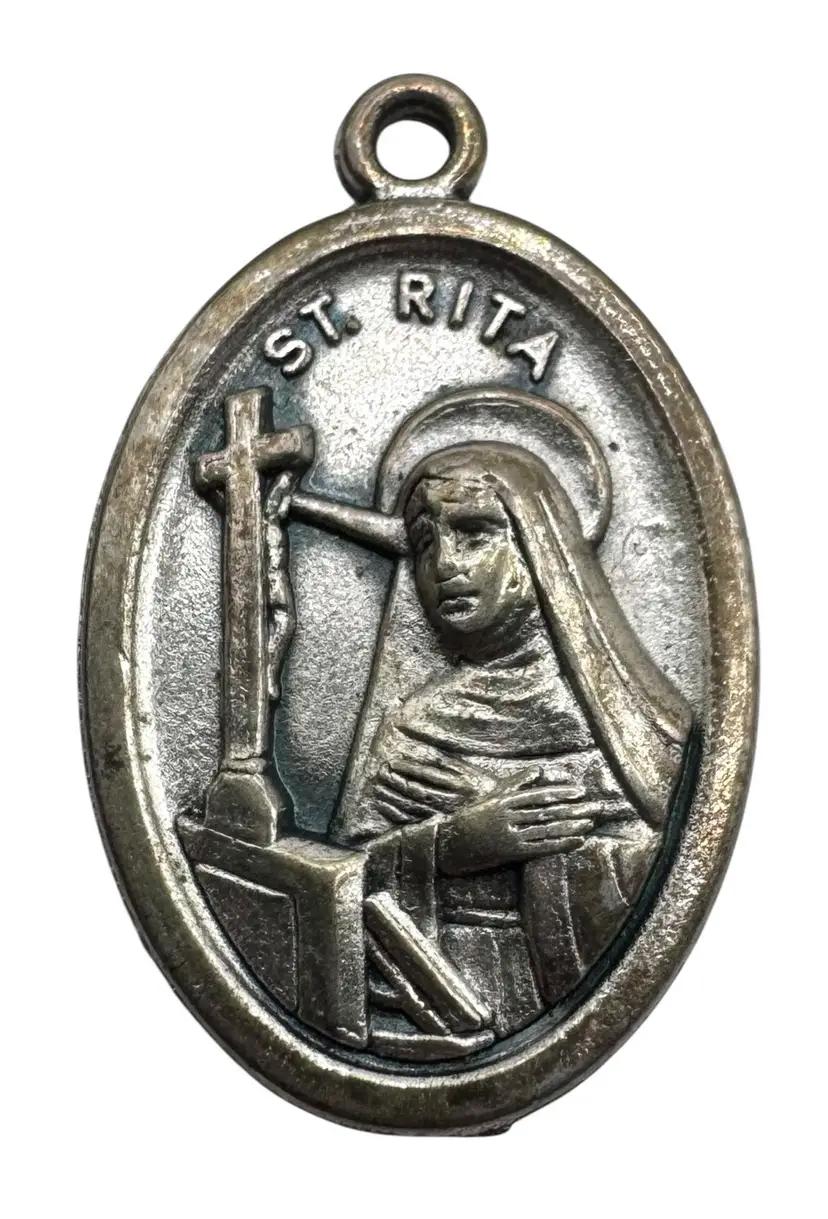 Catholic Silver Tone Metal Religious Medal Pendant Saint Rita Pray for Us Italy
