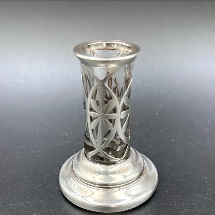 Vintage art deco small silver overlay on glass vase rare piece could not find