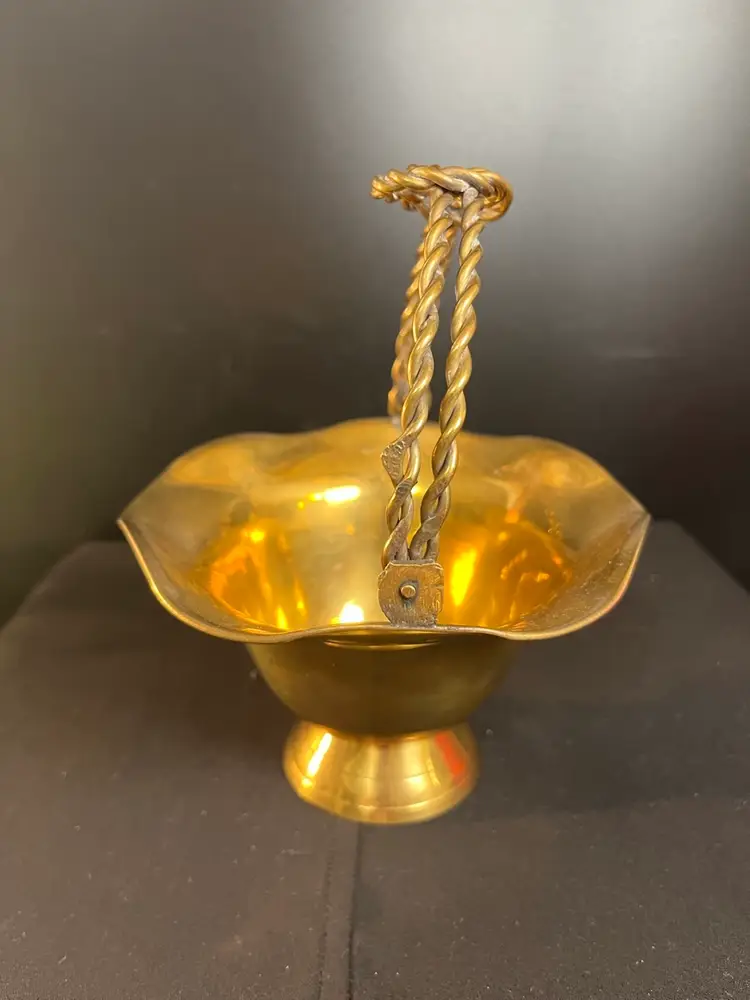 Brass Bowl w/ Pedestal, Ruffled Rim, Articulated Twisted Brass Handle w/ Infinity Figure 8 at Top