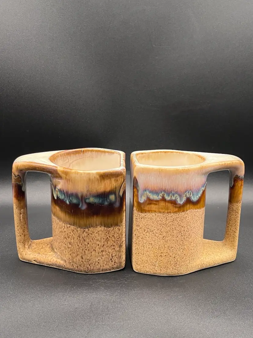 **Pair Of Signed Rodolfo Padilla Brown & Purple Signed Drip Glaze Mexican Pottery Mugs 4.5”