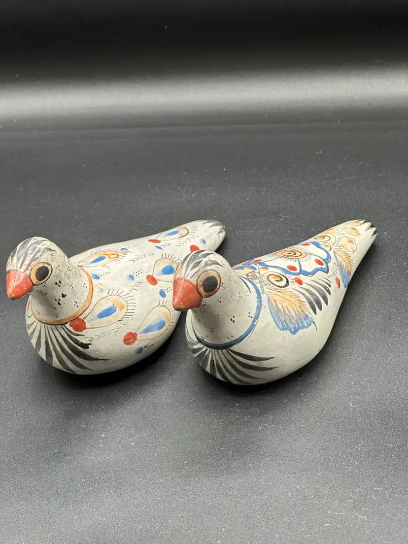 2 Tonala Pottery Hand Painted Bird Sculpture Beige