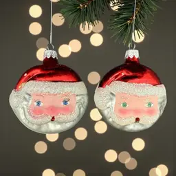 2 Vintage Mercury Glass Santa Claus Double Sided Painted Face Christmas Ornament