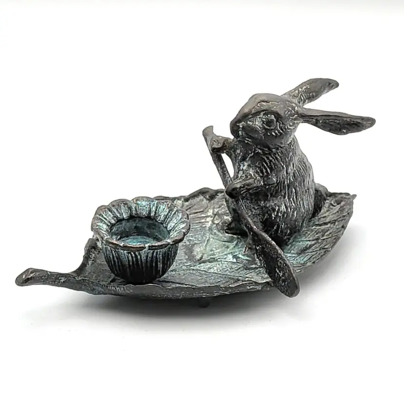 Bronze Bunny Rabbit Paddling On Leaf Boat Figurine Candle Holder Vintage