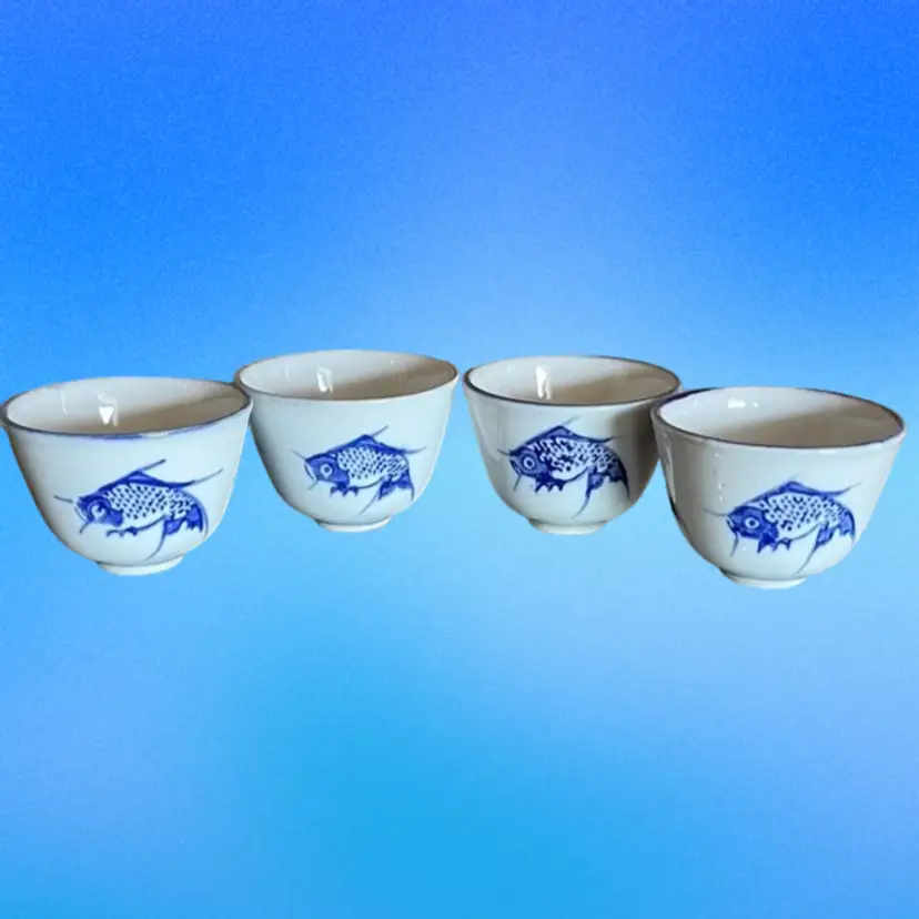 Vintage Chinese Blue Koi Fish Set Of 4 Saki Cups Teacups