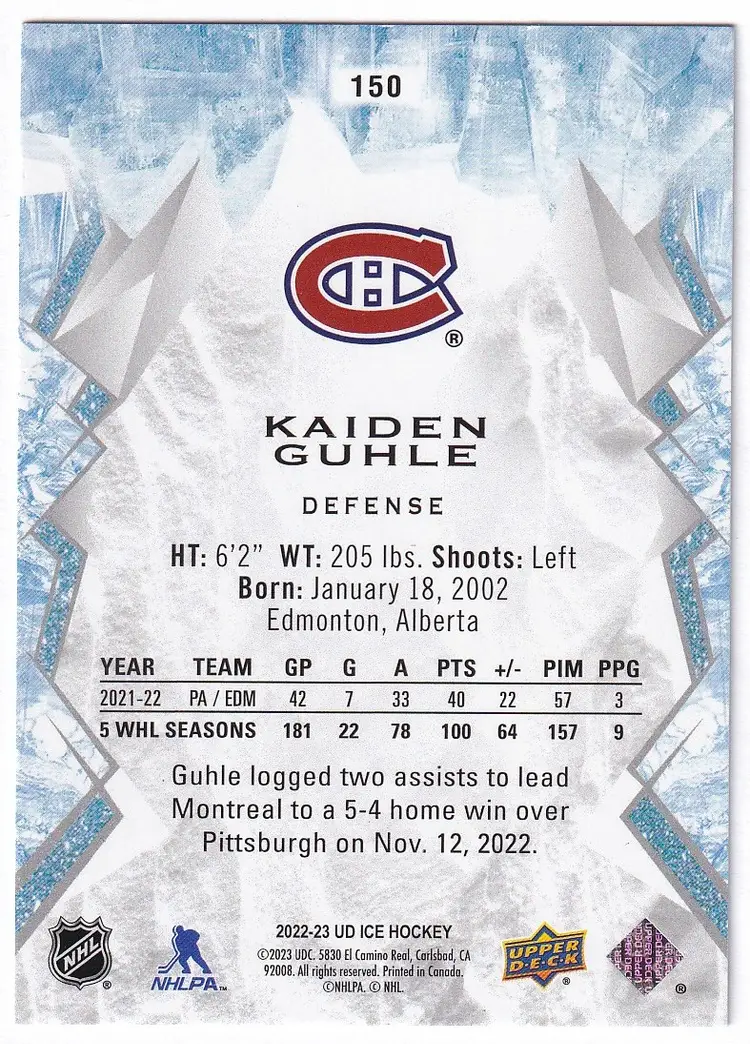 2022-23 Upper Deck Ice #150 Kaiden Guhle RC Montreal Canadiens Hockey Card