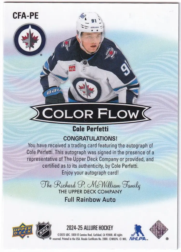 2024-25 Upper Deck Allure Color Flow Autographs Full Rainbow #CFAPE Cole Perfetti Winnipeg Jets Hockey Card