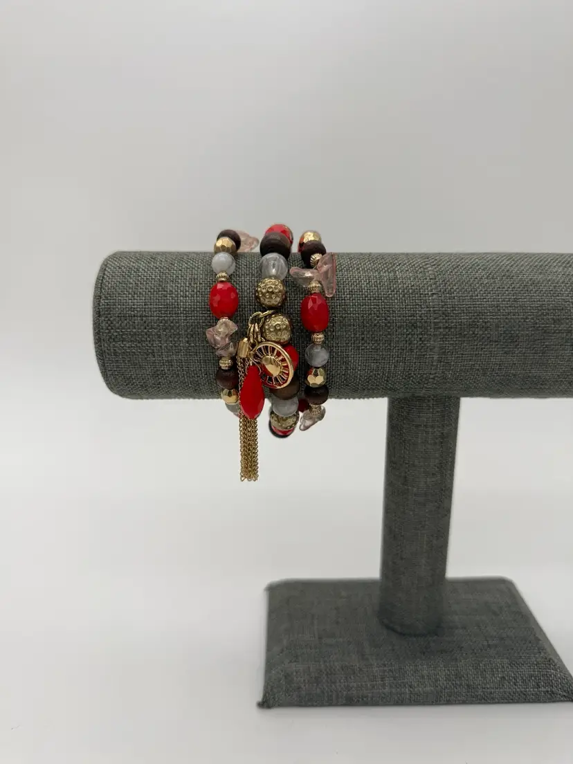 Fall Fashion Time n True Red Faced Coral Glass Bead Stretch Bracelet Set Of 3 OS