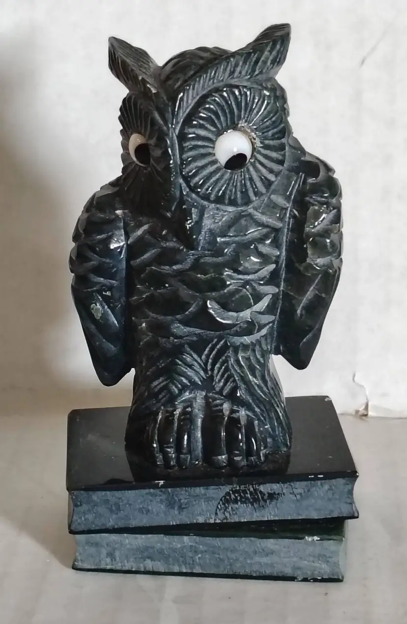 Derpy Black Carved Soapstone Owl on Books Figurine, 4.25" High