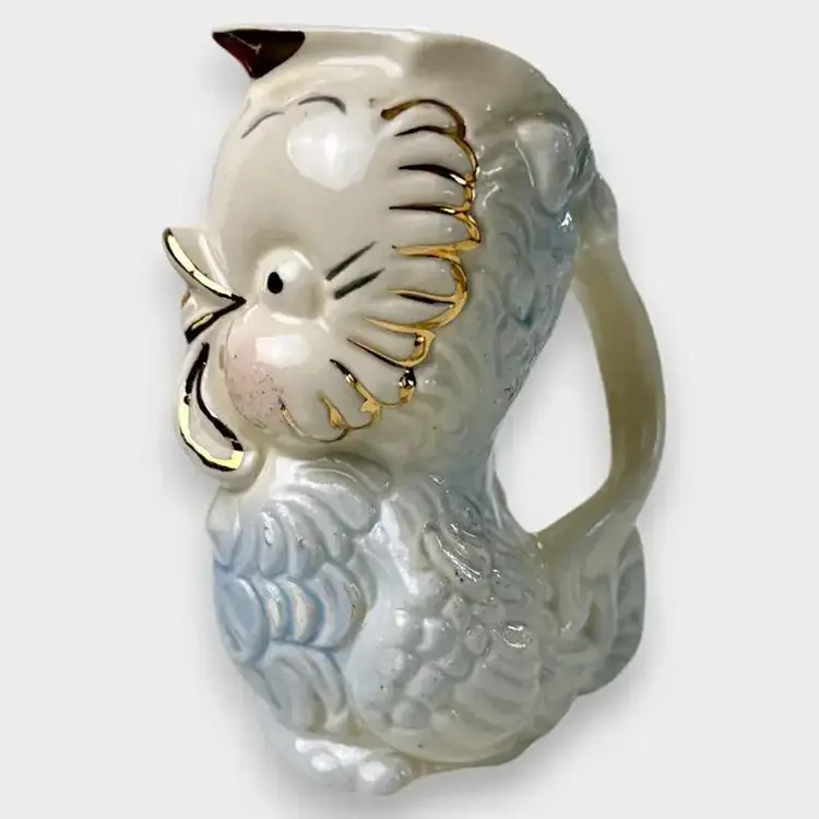 Antique 1940s Shawnee Pottery 6" Baby Blue Bird Owl Pitcher Vintage Milk Creamer Flaws Read