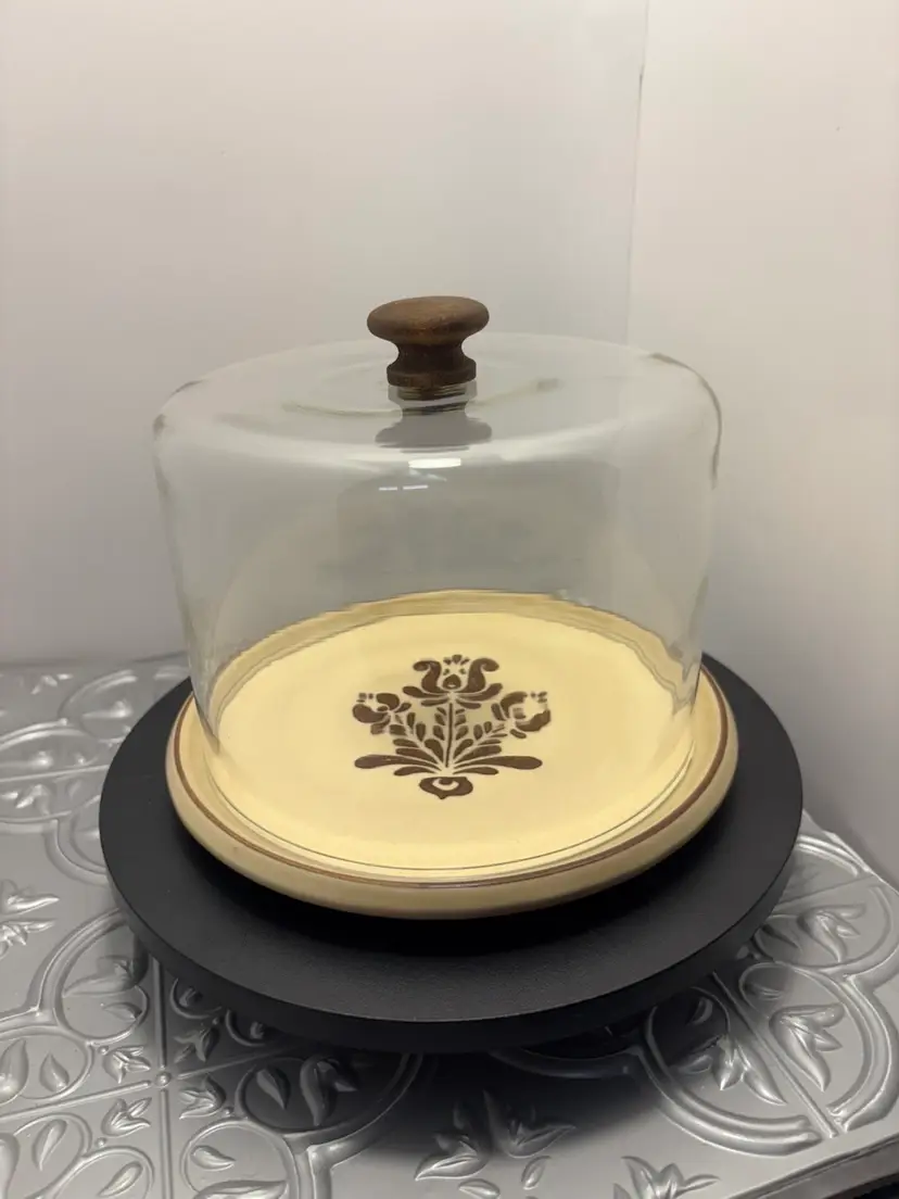 Vintage Pfaltzgraff Stoneware Village Mid-Century Modern Wooden and Ceramic Cheese/Charcuterie with Glass Cloche, Made in USA
