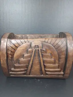Vintage Hand Carved From one Piece of Dark Wood Aztec Pyramid Planter