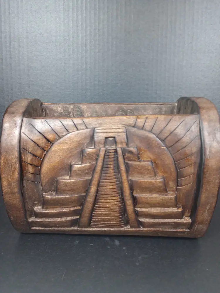 Vintage Hand Carved From one Piece of Dark Wood Aztec Pyramid Planter