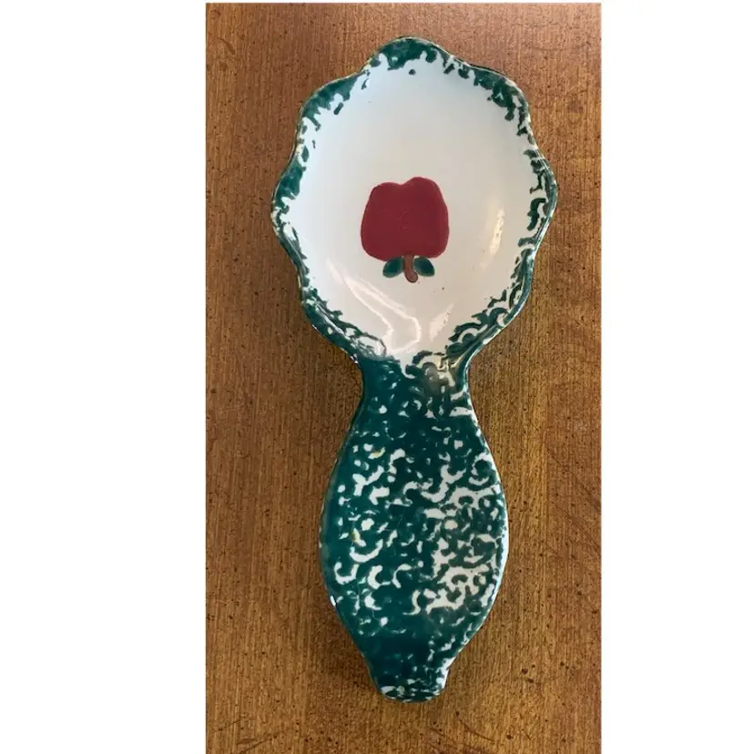 VTG Spoon Rest Green Spongeware Apple. Ceramic Hand Painted