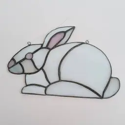 Large Stained Glass White & Pink Rabbit Bunny Suncatcher Easter Decor Hanging