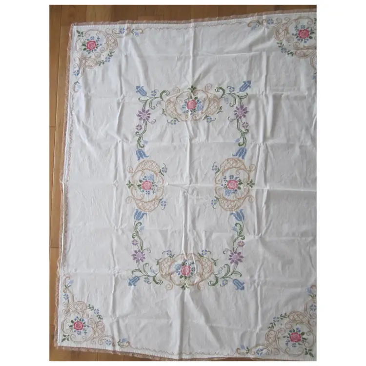 Lovely hand embroidered tablecloth with floral pattern 62" x 48"