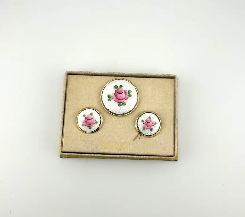 Vintage Gold Tone Guilloche Enamel Rose Brooch and Earring Set