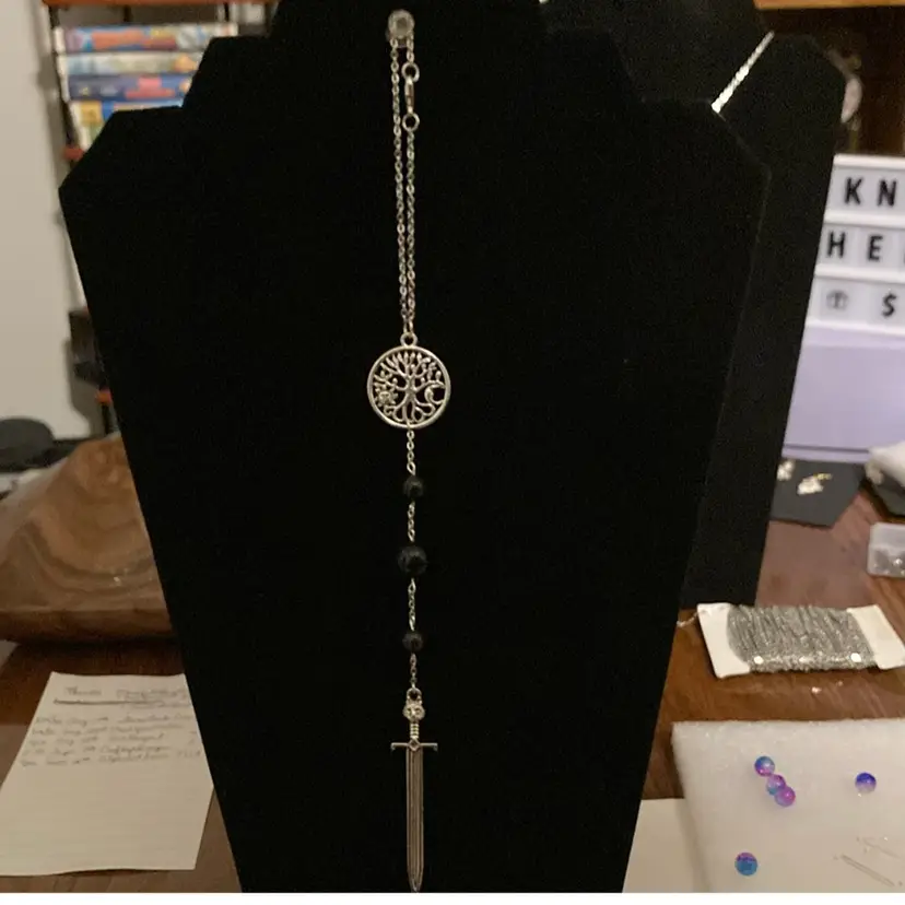 Handmade By Me Sun Catcher 10 1/4” Long! Cheetah Head Sword! Shimmering Blue Sandstone Beads!